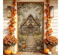 Housses de porte Motif chalet d'automne 91,4 x 182,9 cm | Chemin de pierre, bannière de porche, citrouilles, feuillage d'automne, paysage boisé, architecture rustique