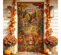 Housses de porte Motif écureuil d'automne 91,4 x 182,9 cm | Illustration de cottage confortable dans les bois, panneau de porte d'entrée, atmosphère de saison des récoltes
