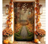 Housses de porte Motif forêt d'automne 91,4 x 182,9 cm | Banc en bois, bannière de porte d'entrée, chemin pavé, feuilles d'érable, paysage boisé, décoration d'entrée saisonnière