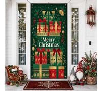 Housses de porte pour boîtes cadeaux de Noël 91,4 x 182,9 cm | Typographie Merry Christmas, bannière de porche, motifs de rennes, accents de ruban doré, palette de couleurs traditionnelle