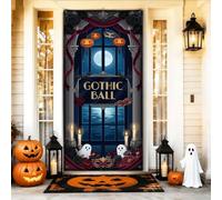 Housses de porte pour fenêtre d'Halloween sur le thème du bal masqué | Accents de masque de mascarade, bannière de porche, drapé en velours rouge foncé, scène de nuit de pleine lune