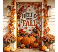 Housses de porte rustiques Hello Fall Harvest Citrouilles Automne 91,4 x | Cardinal Birds, panneau de porte d'entrée, planches de bois rustiques, feuillage d'automne, thème récolte, style ferme