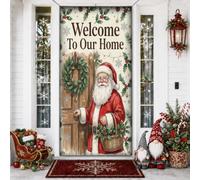 Housses de porte traditionnelles avec citation du Père Noël Welcome Home | Style vintage, toile de fond de porte d'entrée, vœux de vacances, fond de porte en bois, accents de flocon de neige