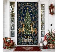 Housses de porte traditionnelles pour sapin de Noël et renne 91,4 x 182,9 | Images de rennes, bannière de porche, typographie dorée, accents de flocon de neige, éléments botaniques d'hiver