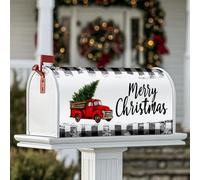 Housses magnétiques de boîte aux lettres de camion rouge, motif sapin de Noël rustique festif à rayures noires et blanches, protection de boîte aux lettres de Noël rouge pour décoration de pelouse