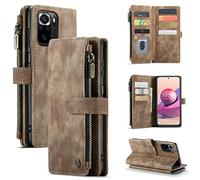 Housses pour Xiaomi Redmi Note 10/10S Étui portefeuille avec Support, PU TPU Coque avec Fermeture Magnétique - Fentes pour cartes et billets - Poche zippée et cadre photo (Marron)