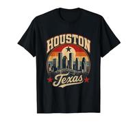 Houston Texas Skyline Retro City Pride Landmark Illustration T-Shirt Graphique avec Valeur, Homme, Noir, S