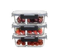 HOUSZY Lot de 3 récipients en verre borosilicate pour préparation des repas - 3 compartiments avec couvercles - hermétiques, sans BPA, passent au four, micro-ondes et lave-vaisselle - 980 ml chacun