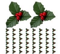 Houx de Noël, 50 pièces de décorations de Noël Rouges, Mini décorations de Houx et de Baies artificielles, Fleurs de Noël à Faire soi-même, décoration avec Support en Fil de Fer, Fleurs de Noël