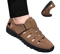 HOUXIANDOU Sandales Creuses en Cuir élégantes, Sandales Creuses à Bout Fermé pour Hommes, Mocassins en Cuir à Bout Fermé Réglables (Kaki,43)