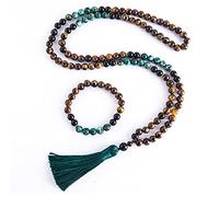 Hovaete Ensemble de 108 perles de prière Mala de 8 mm en pierres naturelles de 8 mm pour la méditation et le yoga - Ensemble de 108 perles japonaises nouées à la main - Long collier à pompons avec