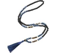 Hovaete Mala Collier avec pompon bleu, onyx noir, perles œil de tigre, 108 perles de méditation, collier de prière, long, Pierre, Pas de pierre précieuse