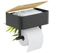 Hovea - Porte Papier Toilette Mural 2-en-1 - avec ou sans Perçage - avec Rangement & Support Téléphone - en Métal - Distributeur Rouleau PQ Décoration - Noir & Bambou - PPT121