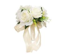 HoveeLuty Bouquet De Mariée Bouquet De Mariage Bouquet De Mariée Tenant des Bouquets De Fleur De Fleur De Rose Artificielle avec Ruban pour L'approvisionnement De Mariage Blanc
