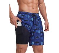 Hovershoes Short de bain pour homme avec doublure de compression - Séchage rapide - Short de bain 2 en 1 avec poches - Pour l'été, la piscine, la plage et le maillot de bain, bleu marine, XXL