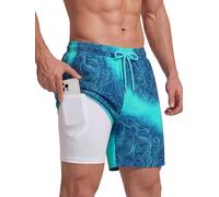 Hovershoes Short de bain pour homme avec doublure de compression - Séchage rapide - Short de bain 2 en 1 avec poches - Pour l'été, la piscine, la plage et le maillot de bain, b-bleu, S