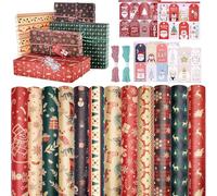 HOVIBU 12 Pièces Papier Cadeau Kraft de Noël Recyclable 70x50cm Avec 30 Cartes et 2 Rouleaux de 11m de Corde en Coton Pour Emballage Cadeau du Réveillon