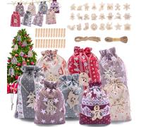 HOVIBU 24 Calendrier de L'Avent a Remplir Soit Meme, DIY Calendrier de L'Avent Tissu avec Pinces en Bois, Corde de Chanvre, Chiffres en Bois, Pochette Calendrier de Jour de Noël Kit