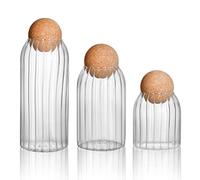 Hovico Lot de 3 Bocaux en Verre, Boites Rangement avec Couvercle en Bois et Boule Transparente à Rayures pour Café, Thé, Épices, Sucre, Sel - 450 ml/700 ml/1000 ml