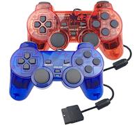 Hovlian Lot de 2 manettes filaires pour PS2 - Double Shock - Compatibles avec console Playstation 2 (bleu transparent et rouge transparent)