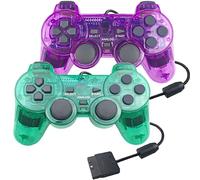 Hovlian Lot de 2 manettes filaires PS2, double choc, compatibles avec console Playstation 2 (vert transparent et violet transparent)