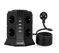 HOVNEE Tour Multiprise à 8 Prises pour Barrette d'alimentation (2500 W / 10 A) avec 4 Ports de Charge USB (5 V / 4,5 A), Parasurtenseur Tour avec 2,0m câble, Noir