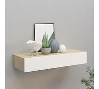 Hovothy Étagère flottante avec tiroir - Marron chêne et blanc - Console murale avec tiroir de 60 cm - Étagère murale en MDF - Étagère suspendue en métal - 60 x 23,5 x 10 cm