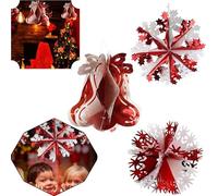HOVUK 3 Pièces Décorations de Noël en Feuille Rouge/Blanc - Décorations 3D Cloche, Boule et Flocon de Neige de 30 cm, Décoration Murale, Décoration à Suspendre pour Anniversaire de Mariage