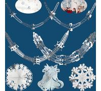 HOVUK® Guirlande de Noël à suspendre au plafond et au mur en papier d'aluminium avec clochette, boule, flocon de neige (blanc/argent, lot de 7)