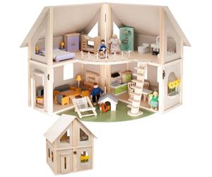 howa 7016 Maison de poupée pliable en bois avec 30 meubles, 4 poupées et chien, avec 4 pièces, balcon, jardin, avec escaliers, maison de poupée naturelle - Beige