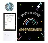 HOWAB Lot de 12 Carte Invitation Anniversaire Fille Garçon Thème Néon, Carte Anniversaire Fille Arc en Ciel, Invitation Anniversaire Garcon Blacklight à Gratter avec 12 Stickers et 12 Enveloppes