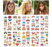 HOWAF 10 Feuilles de Tatouages temporaires Hippie Party, Autocollants de Tatouages Boho Retro Hippie Groovy pour 60s 70s Hippie Theme Party Supplies
