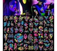 HOWAF 10 Feuilles Néon Tatouages Temporaires Néon UV Autocollant de Tatouage Neon Faux Tatouage Tatouage Dragon Lueur UV Néon Corps Visage Tatouages éphémères Autocollants de Tatouage pour Femme Homme