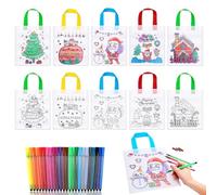 HOWAF 10 Sacs Cadeaux de Noël Sacs à Main à Colorier & 24 Couleurs Stylo, Sac Cadeau Noël DIY Peinture des Enfants Doodle Sac Graffiti Sac Noel pour Enfants Décorations de Noël Favors Supplies