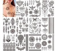 HOWAF 11 Feuilles Tatouage Ephemere Femme Noir, Tribal Dentelle Tatouage Temporaire Mandala Fleur Lotus Papillon Art Tatouage Autocollant Faux Tatouage Femme Filles Corps Bras Cou Mains pour Carnaval