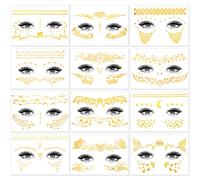 HOWAF 12 Feuilles Tatouage Temporaire Visage, Autocollants de Tatouages Métallique Autocollant Visage Métalliques Brillants Tatouages Éphémères Dorés pour Maquillage Carnaval pour Visage Femm Fille