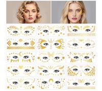 HOWAF 15 Tatouage Visage Autocollants Paillettes Métallique Temporaires Tatouages, Métallique Temporaires Éphémères Dorés Flash Autocollants pour Femmes Adultes Enfants