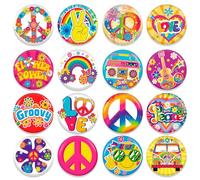 HOWAF 16 Broches Hippie Accessoires, Bouton Badge Broche Groovy des Années 60 Découpe de Signe de la Paix Fleurs Rétro pour Déguisement Hippie Thème des Années 60 70