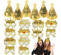 HOWAF 18pcs Cotillons Nouvel an 2026, Chapeau Nouvel An 2026 Conique Chapeaux de Fête en Paillettes, Lunettes en Papier Happy New Year Photobooth pour Decoration nouvel An 2026 Bonne Année, Noir Or