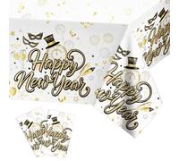 HOWAF 2 Nappe Nouvel an 2026 Jetable, Nappe de Happy New Year Rectangulaire en Plastique pour Decoration Nouvel an 2026, Decoration de Table Bonne Année, Deco Jour de l'An, Blanc Or