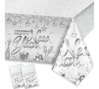 HOWAF 2 Nappe Nouvel an 2026 Jetable, Nappe de Happy New Year Rectangulaire en Plastique pour Decoration Nouvel an 2026, Decoration de Table Bonne Année, Deco Jour de l'An, Argent