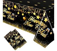 HOWAF 2 Nappe Nouvel an 2026 Jetable, Nappe de Happy New Year Rectangulaire en Plastique pour Decoration Nouvel an 2026, Decoration de Table Bonne Année, Deco Jour de l'An, Noir Or