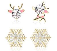 HOWAF 2 Paires Boucles d'Oreilles de Noël pour Femmes Filles Bijoux Cadeau de Noël, Boucles d'Oreilles Flocon de Neige Renne Zircone, Brillantes Boucles d'Oreilles en Pierre de Cristal de Noë
