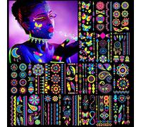 HOWAF 20 Feuilles Néon Tatouages Temporaires Néon UV Autocollant de Tatouage Neon Faux Tatouage Lueur UV Néon Corps Visage Tatouages éphémères Autocollants de Tatouage Imperméables pour Femmes Homme