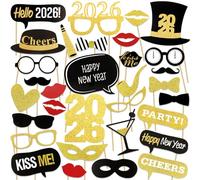 HOWAF 2026 Nouvel an Accessoires Photobooth Drôle DIY Kit Photo Booth Props déguisement Masquerade Chapeau Lunettes pour Adultes Enfants Nouvel an Anniversaire Mariage décoration faveur (31Pcs)