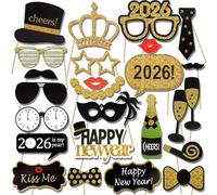 HOWAF 2026 Nouvel an Accessoires Photobooth Drôle DIY Kit Photo Booth Props déguisement Masquerade Chapeau Lunettes pour Adultes Enfants Nouvel an Anniversaire Mariage décoration faveur (25Pcs)