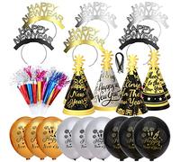 HOWAF 2027 Nouvel an fête Fournitures 2027 Kit de décorations, 43pcs Bonne Année Bandeau Cornes Chapeaux Sifflet et Ballons Or et Noir pour Decoration Nouvel an 2027, Deco Fete Nouvelle Année