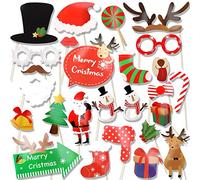 HOWAF 25pcs Noël Photo Booth Props Kit Lunettes Chapeaux Masquerade Noël Accessoires de photobooth Faveur pour Noël Decoration de Fête Anniversaire Mariage