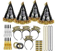 HOWAF 26 Pièces Bonne Année 2026 Nouvel an fête Fournitures Kit de Décorations, Noir Or Happy New Year Chapeaux de Cône Bandeau Cornes Sifflet Colliers, Photobooth pour Fête du Nouvel an Fournitures