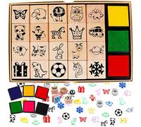 HOWAF 26pcs Bois Tampons pour Enfants Artisanat avec Encreur, Animaux Père Noël Licorne Dinosaure Football Flocon de Neige Tampons pour Enfants Bricolage Scrapbooking Carte Impression Artisanat Cadeau
